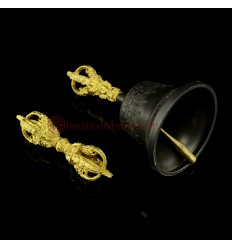 Fine Quality Buddhist 7.25" Vajra Ghanta Set Bronze Alloy with Gold Plated from Patan, Nepal