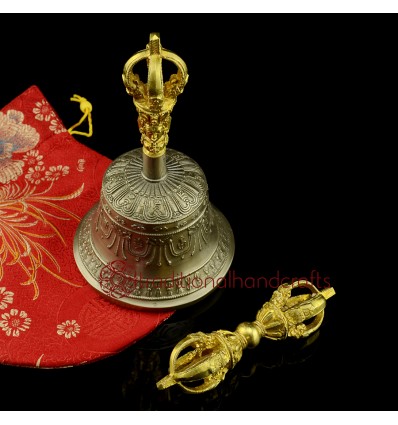 Fine Quality Tibetan Buddhist 7" Vajra and Bell Set Bronze Alloy Gold Plated from Patan. Nepal