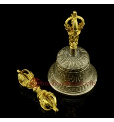 Fine Quality Tibetan Buddhist 7" Vajra and Bell Set Bronze Alloy Gold Plated from Patan. Nepal