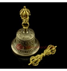 Fine Quality Tibetan Buddhist 7.5" Vajra and Bell Set Bronze Alloy Gold Plated from Patan, Nepal