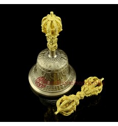 Fine Quality Tibetan Buddhist 7.25" Vajra Ghanta Set Bronze Alloy with Gold Plated from Patan, Nepal