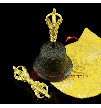 Fine Quality Tibetan Buddhist 7.25" Vajra Ghanta Set Bronze Alloy Gold Plated from Patan, Nepal