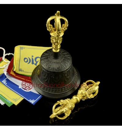 Fine Quality Tibetan Buddhist 6.25" Vajra and Bell Set Bronze Alloy Gold Plated from Patan, Nepal