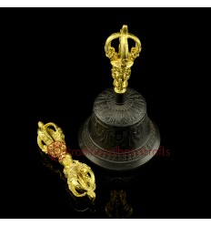 Fine Quality Tibetan Buddhist 6.25" Vajra and Bell Set Bronze Alloy Gold Plated from Patan, Nepal