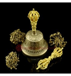 Fine Quality Buddhist 6.25" Vajra Ghanta Set Bronze Alloy with Gold Plated from Patan, Nepal