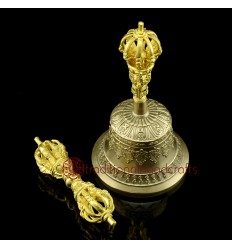 Fine Quality Buddhist 6.25" Vajra Ghanta Set Bronze Alloy with Gold Plated from Patan, Nepal