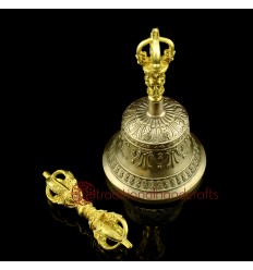Fine Quality Tibetan Buddhism 6" Vajra & Bell Set Copper and Bronze Alloy with gold plated from Patan, Nepal