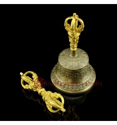 Fine Quality Tibetan Buddhist 6.25" Vajra & Bell Set Copper and Bronze Alloy  with gold plated  from Patan, Nepal